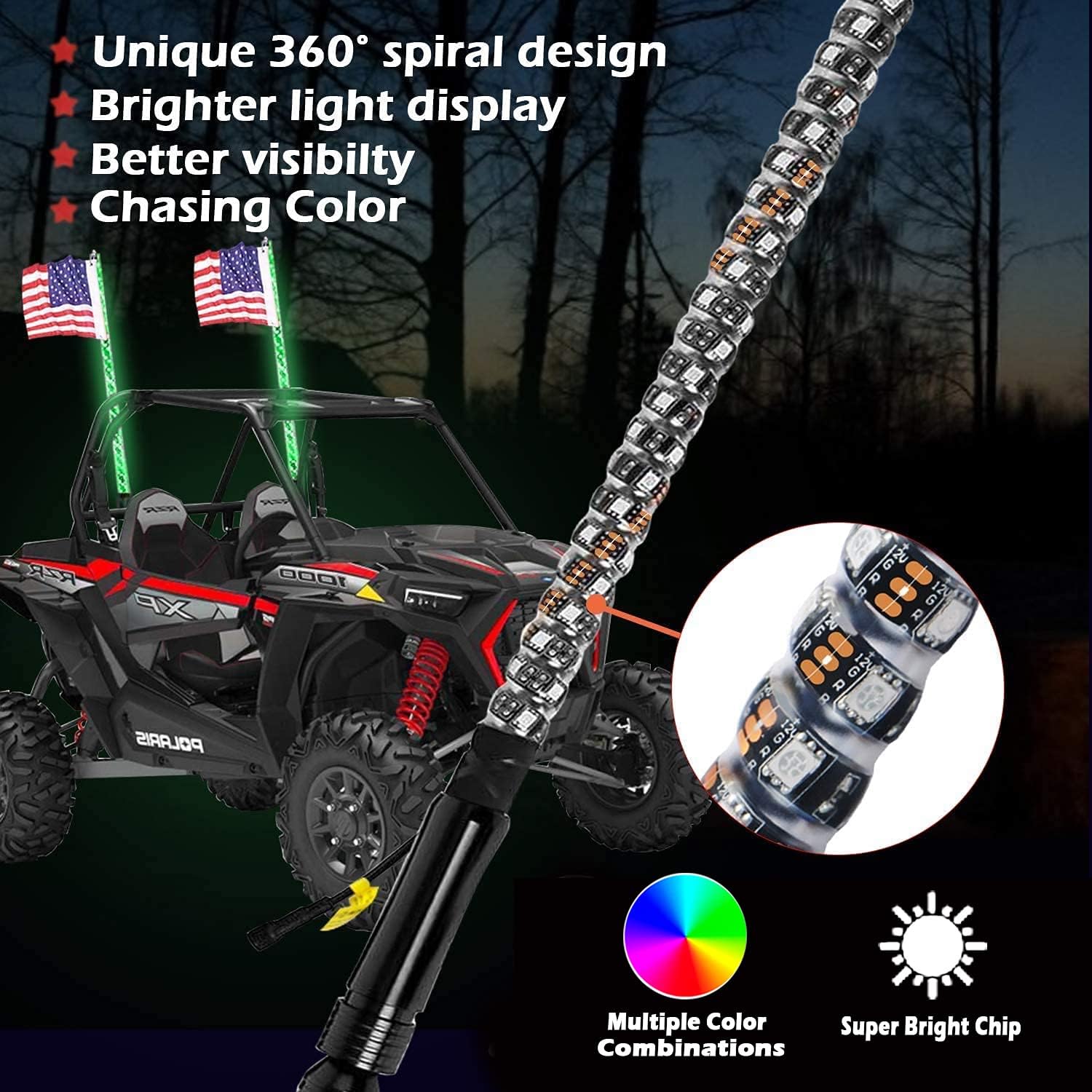 OHMU 2Pcs 3FT Spiral LED Whip Lights for UTV ATV [21 Modes] [20 Colors] [RF Wireless Remote] [Weatherproof] [USA Flag] LED Lighted Whips Antenna for