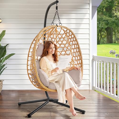 Egg Chair with Stand, Wicker Rattan Swing Hammock Chair with Fine Lace & Cushion, Hanging Chair with Double Chains