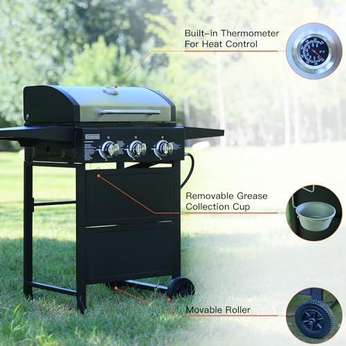 Grill. 3 burner gas grill, Propane Grill, bbq grill with thermometer, gas grill outdoor for small gatherings