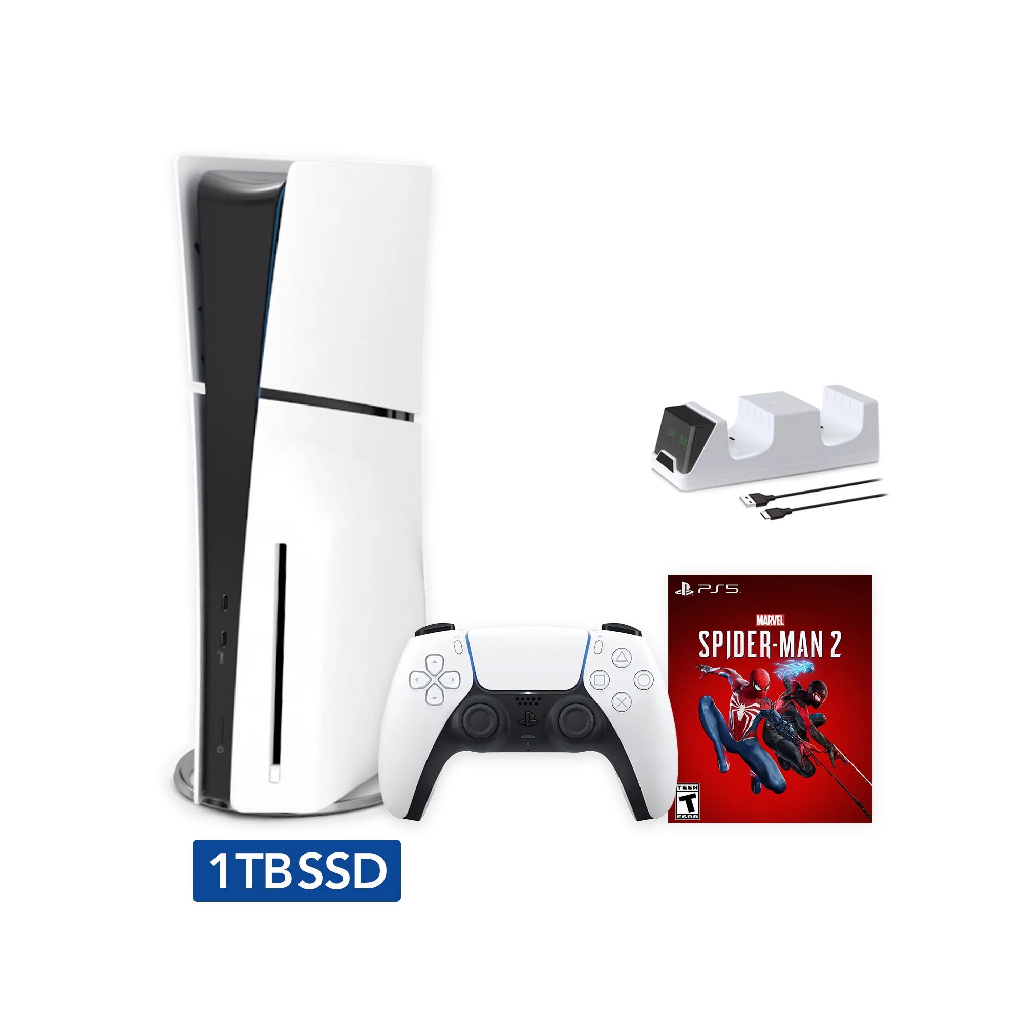 2023 New PlayStation 5 Slim Disc Edition Marvel Spider-Man 2 Bundle and Mytrix Controller Charger - White, Slim PS5 1TB PCIe SSD Gaming Console