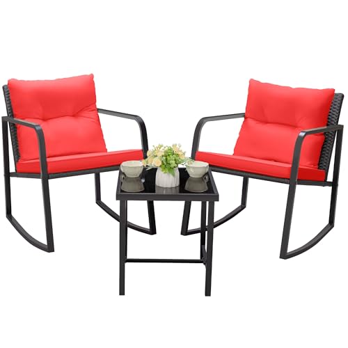 Greesum 3 Pieces Rocking Wicker Bistro Set, Patio Outdoor Furniture Conversation Sets with Porch Chairs and Glass Coffee Table, Beige