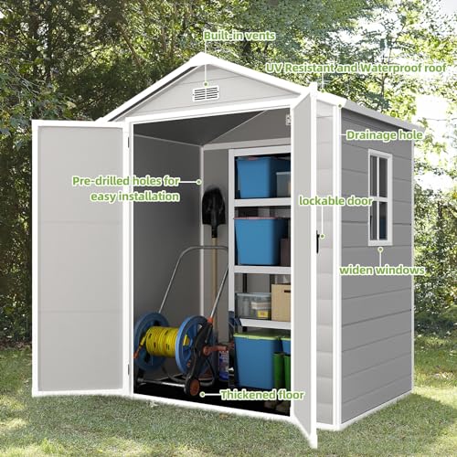 Outdoor Storage Shed 6x4.4FT, Resin Shed Plastic with Floor for Garden Tool,Waterproof Outdoor Resin Storage,Lockable Doors for Patio,Yard