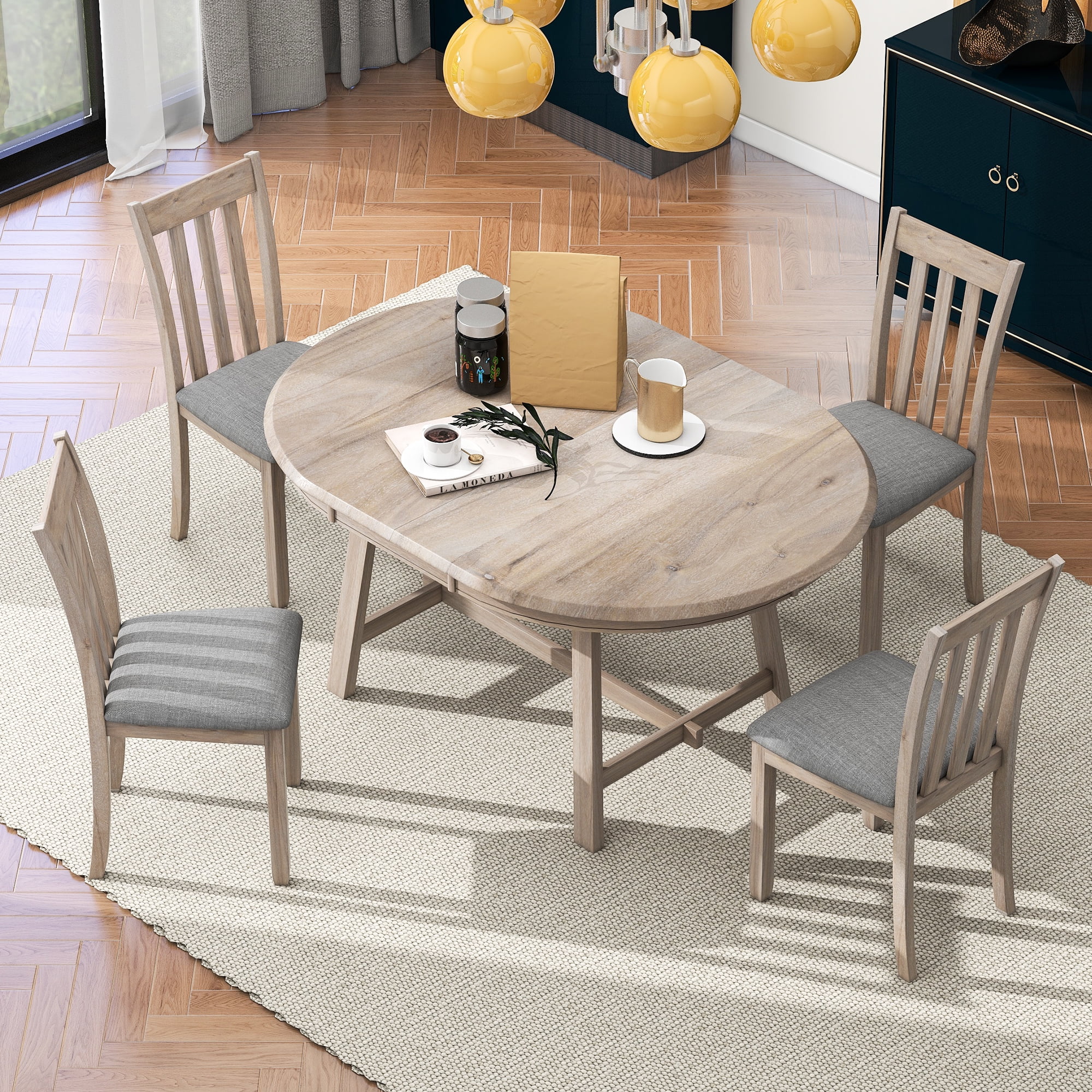 Besthome 5-Piece Wood Dining Table Set Round Extendable Dining Table with 4 Dining Chairs