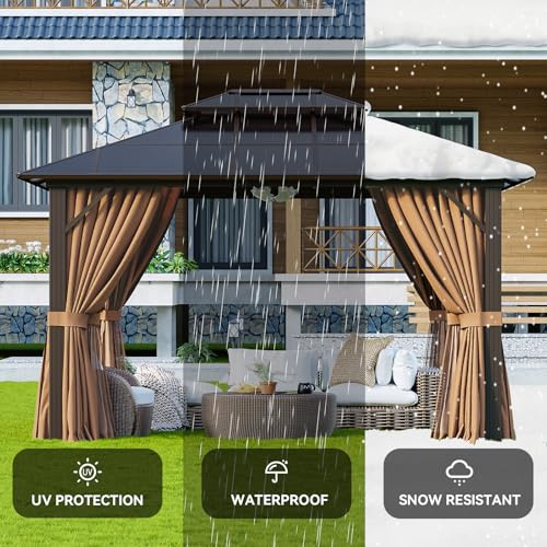 Aoxun 12'x10' Hardtop Gazebo, Aluminum Frame Permanent Pavilion with Curtains and Netting, Outdoor Polycarbonate Double Roof Canopy