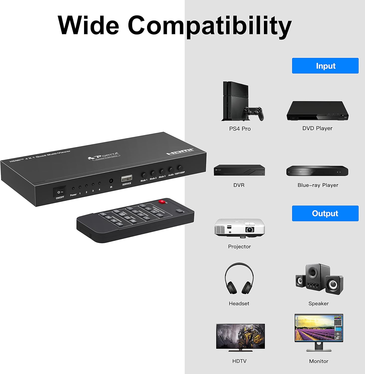 HDMI Multiviewer Switch 4x1,PORTTA HDMI Quad Multi-Viewer Seamless Switcher 4 in 1 Out with Loop, Audio Extractor to Stereo,4K