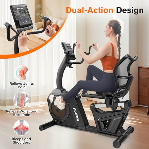 pooboo Recumbent Exercise Bike, Stationary Bikes for Home with Arm Exerciser, Magnetic Recumbent Bike with Ergonomic Backrest & Comfortable Seat