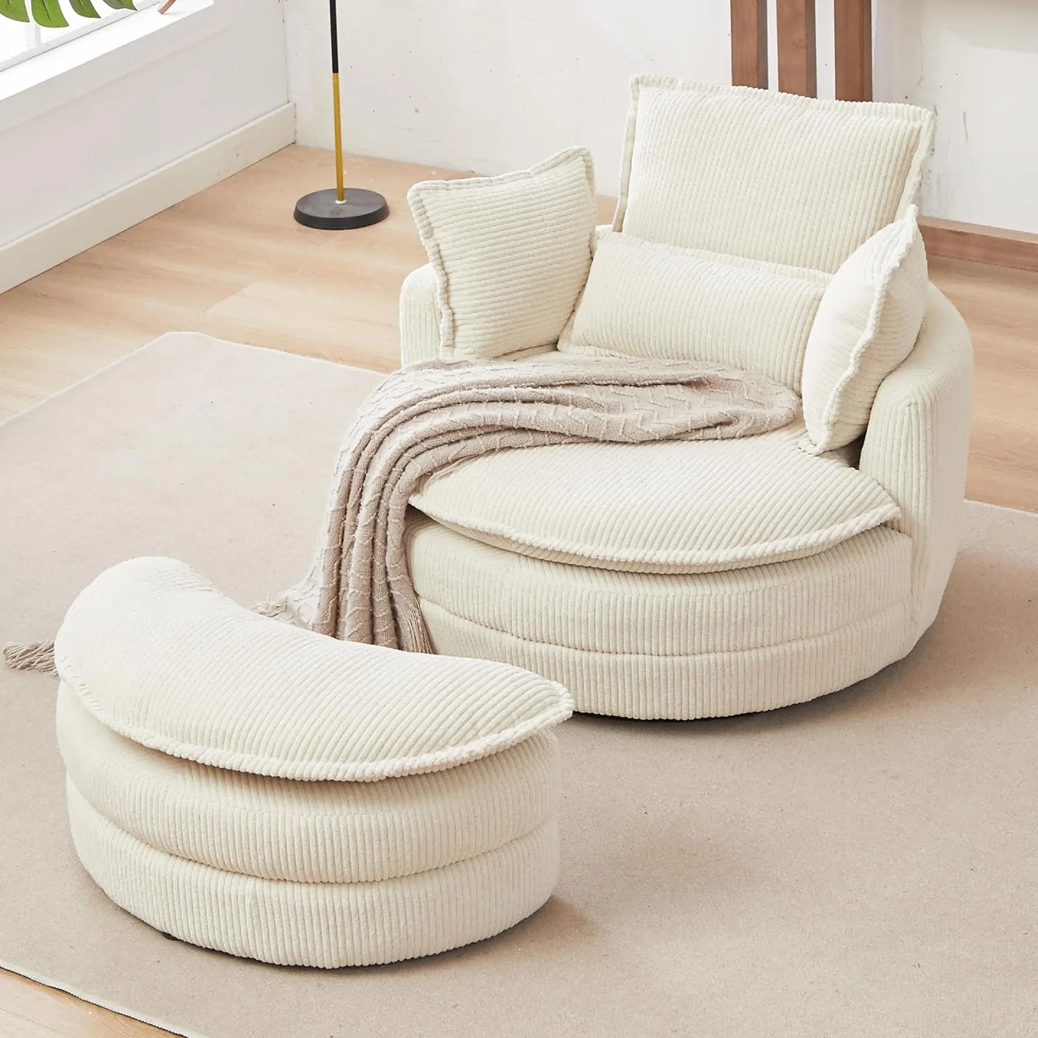 Tabaray Tufted Upholstered Swivel Accent Chair, Corduroy Fabric Single Barrel Chair with Ottoman, Comfy Cloud Chair for Living Room, Bed Room
