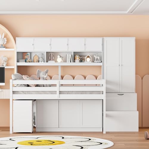 Harper & Bright Designs Full Size Loft Bed with Wardrobe, Wooden Full Loft Bed Frame Big Storage with Under-Bed Desk, Drawers and Shelves, Gray