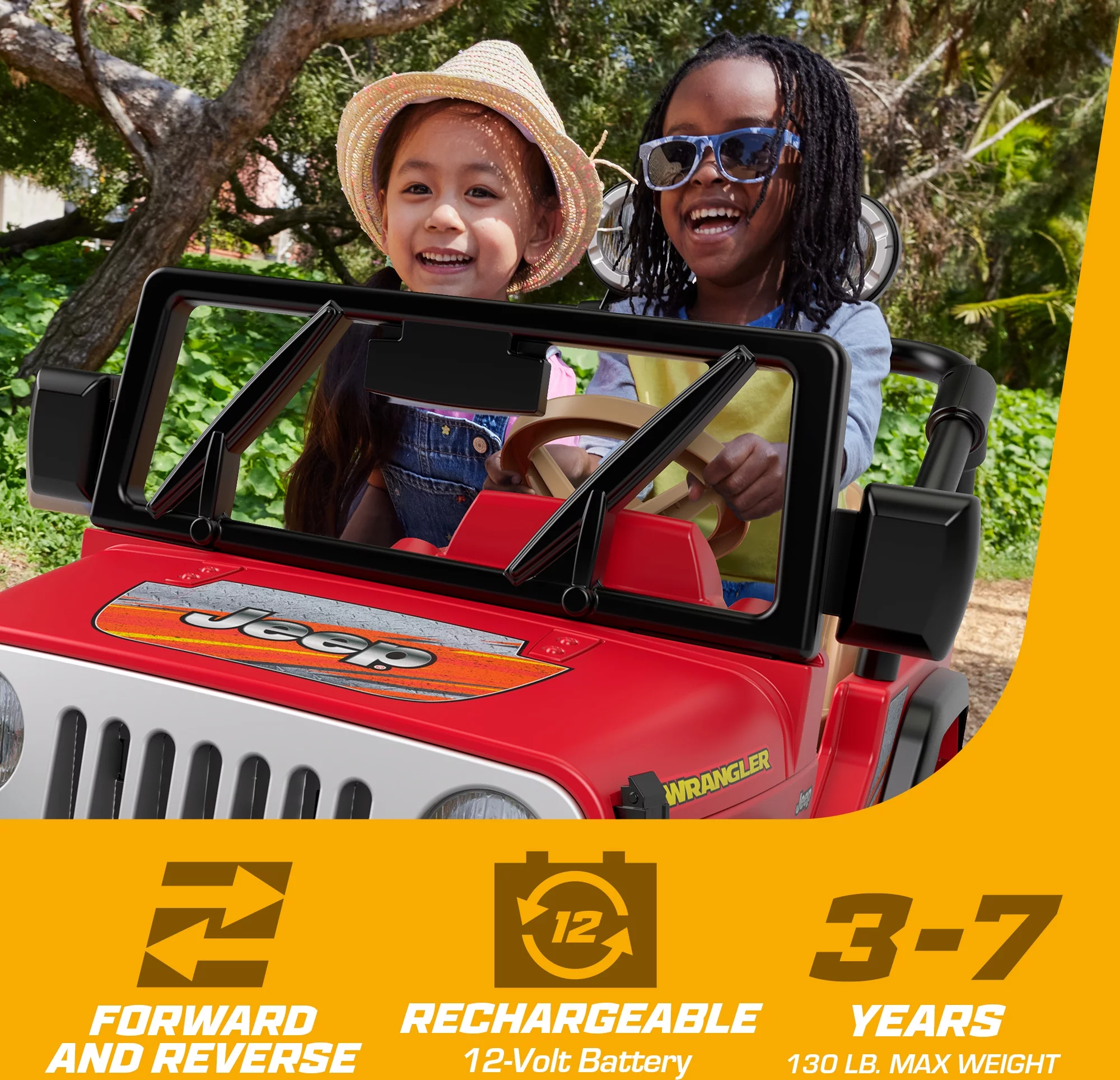 Power Wheels Jeep Wrangler 12-Volt Battery-Powered Ride-On Toy Vehicle with Charger, Seats 2, Red