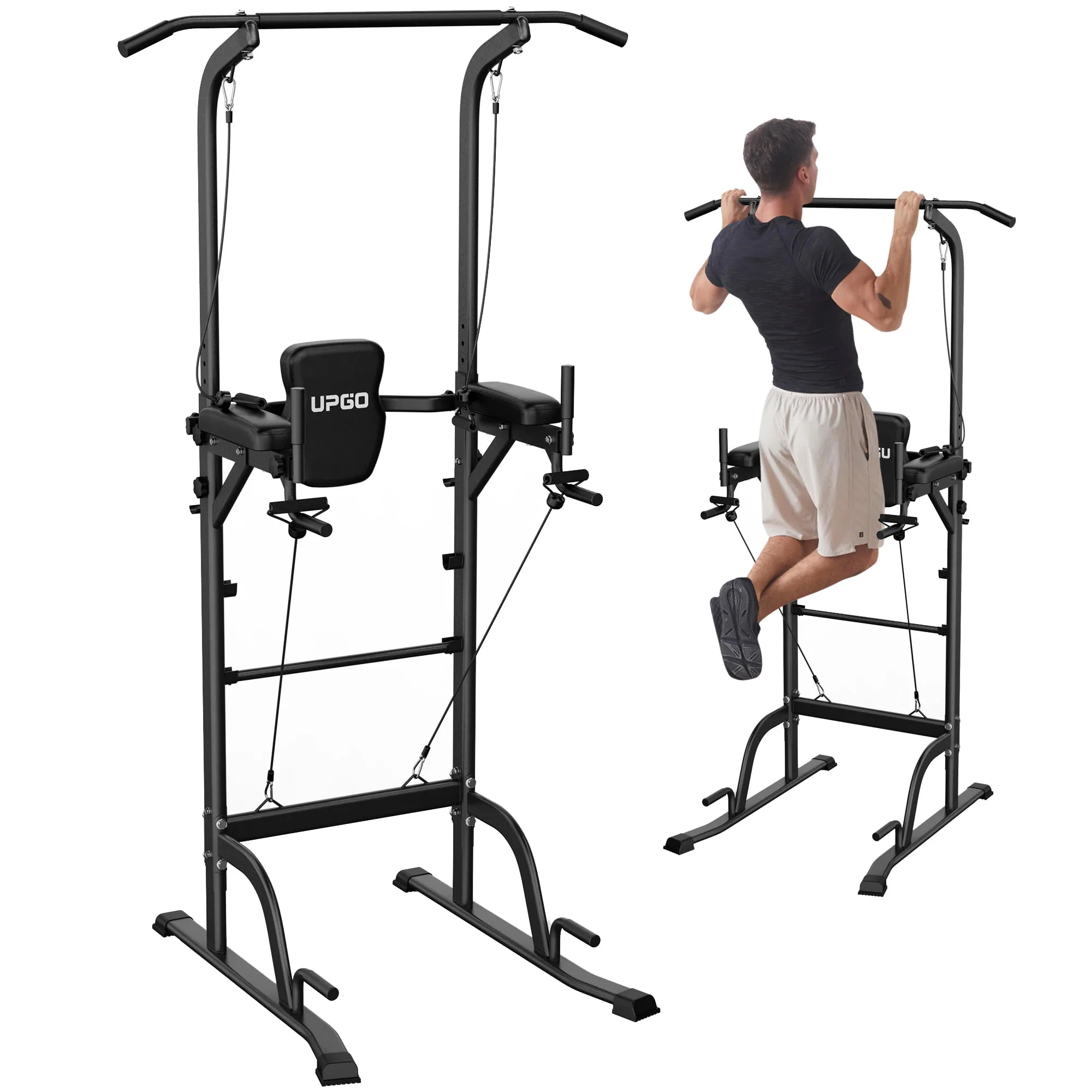 UPGO Adjustable Power Tower 400lbs Max Weight Dip Station Pull up Bar Power Rack Push up Resistance Band for Home Gym Strength Training Workout