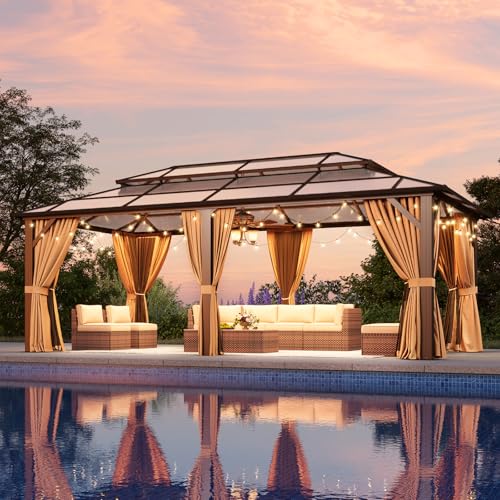 Aoxun 12'x16' Hardtop Gazebo, Aluminum Frame Permanent Pavilion with Netting and Curtains, Outdoor Polycarbonate Double Roof Canopy