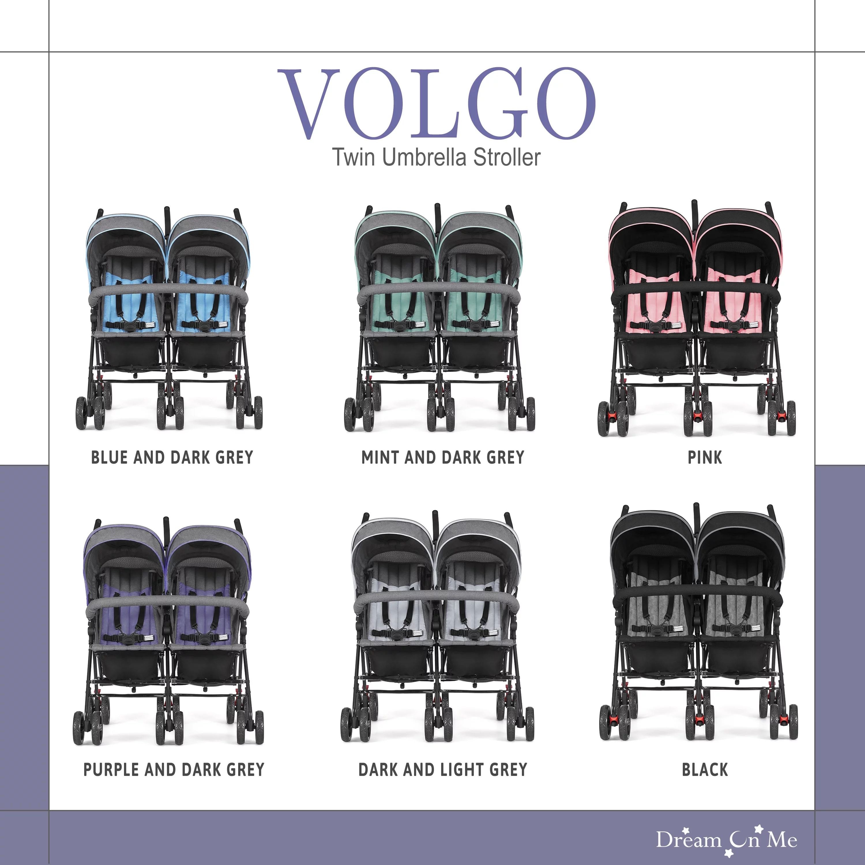Dream On Me Volgo Twin Umbrella Stroller, Purple and Dark Grey