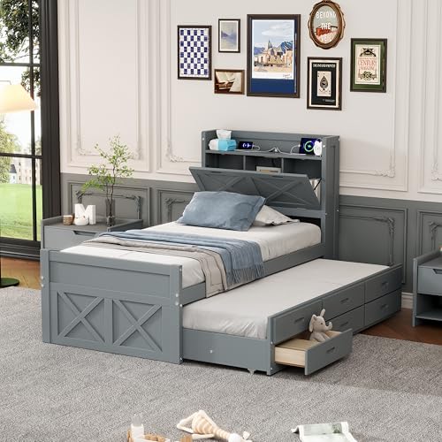 Harper & Bright Designs Twin Size Captain Platform Bed with Bookcase Headboard, Wood Twin Bed Frame with Storage Drawers and Shelves