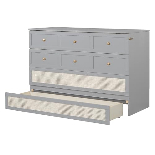 Ball & Cast Queen Size Solid Pine Murphy Bed Chest,Cabinet Hideaway Bed with Charging Station and Large Storage Drawer,Wood Wall Bed can be Folded