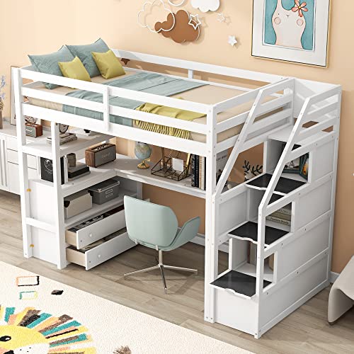 Harper & Bright Designs Twin Over Twin Bunk Bed with Stairs and Trundle, Solid Wood Stairway Bunk Bed Frame with Storage
