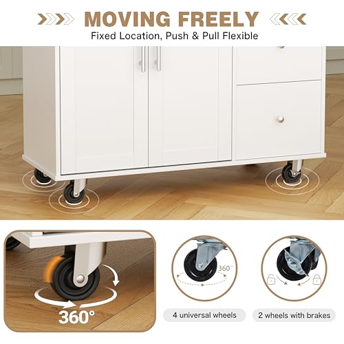 Shintenchi Rolling Kitchen Island Cart with Folding Drop Leaf Breakfast Bar, Portable Trolley Island with Large Storage Cabinet, Shelf and Drawer