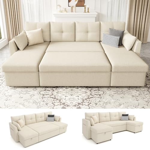 Oversized Sleeper Sofa Couch, 110 inch 2 in 1 Pullout Couch Bed with Double Storage Chaise