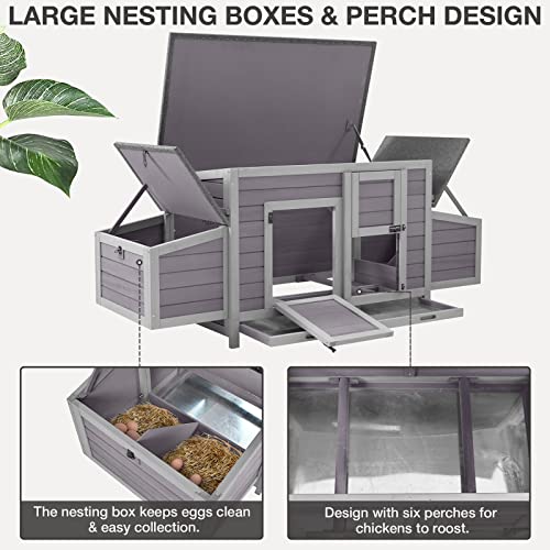Large Chicken Coop for 6 Chicken Outdoor Chicken House with Run, Two Large Nesting Box, Leakproof Pull-on Tray and UV-Resistant Roof Panel