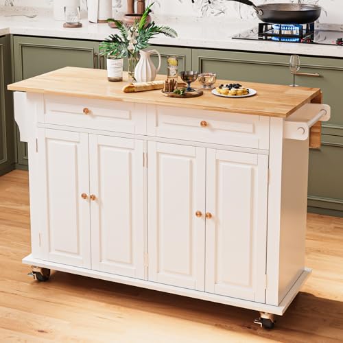 67’’ Movable Kitchen Island with Drop Leaf and Power Outlet, Lockable Sliding Countertop Rolling Island Cart with 2 Large Drawers, Spice, Towel Rack