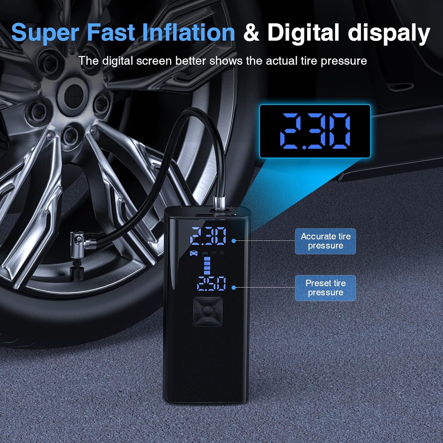 GHHKUD Portable Tire Inflator Air Compressor, Mini Inflator Electric Pump with Large Battery for Car