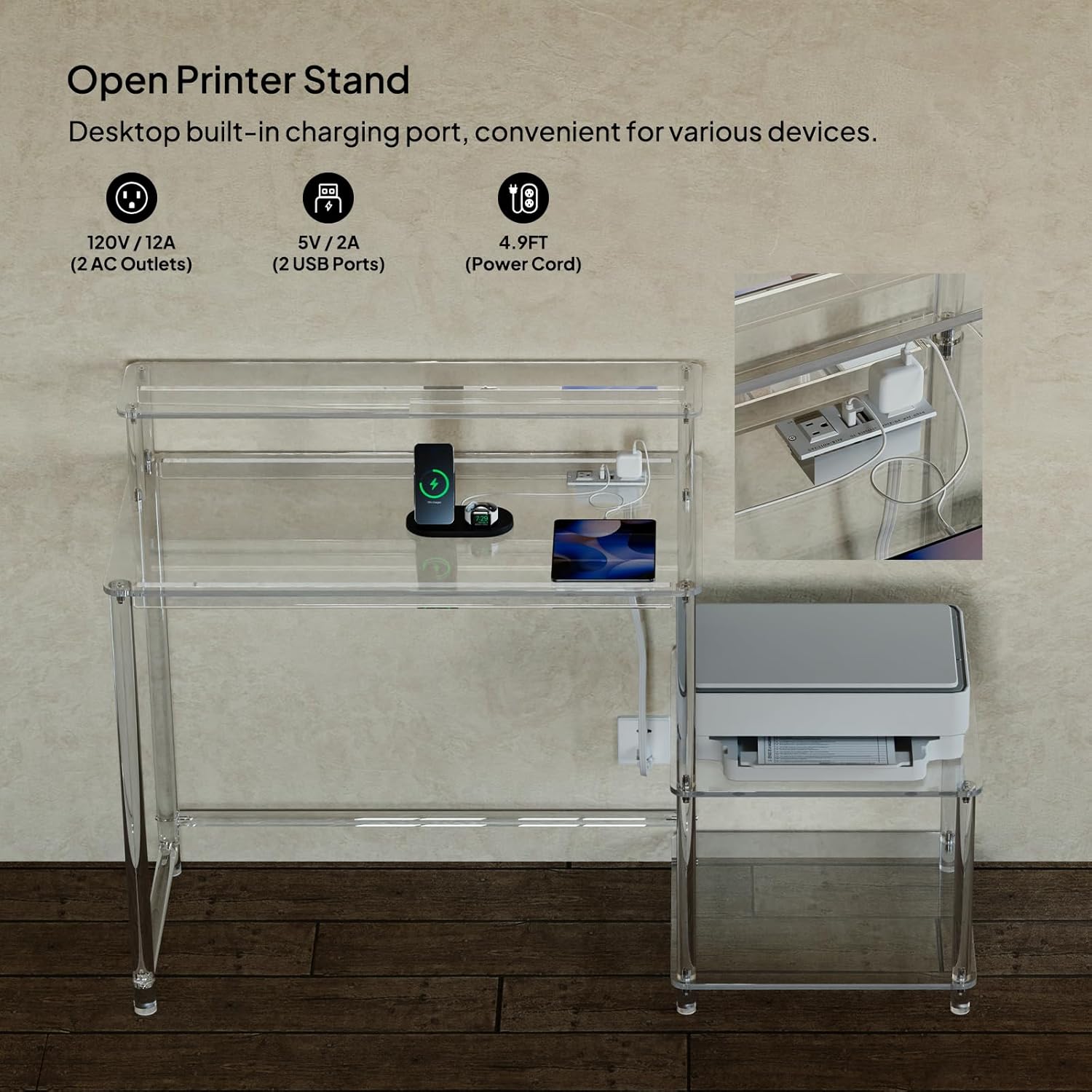 Eglaf Acrylic Desk with Printer Space - Home Office Desk Computer Desk with Power Outlet, Monitor Stand, for Study Working Writing Gaming