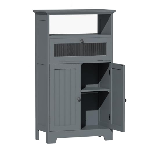 ChooChoo Bathroom Floor Storage Cabinet with Flip Glass Drawer, Freestanding with 2 Doors, Adjustable Shelf & 1 Open Storage for Living Room, Hallway
