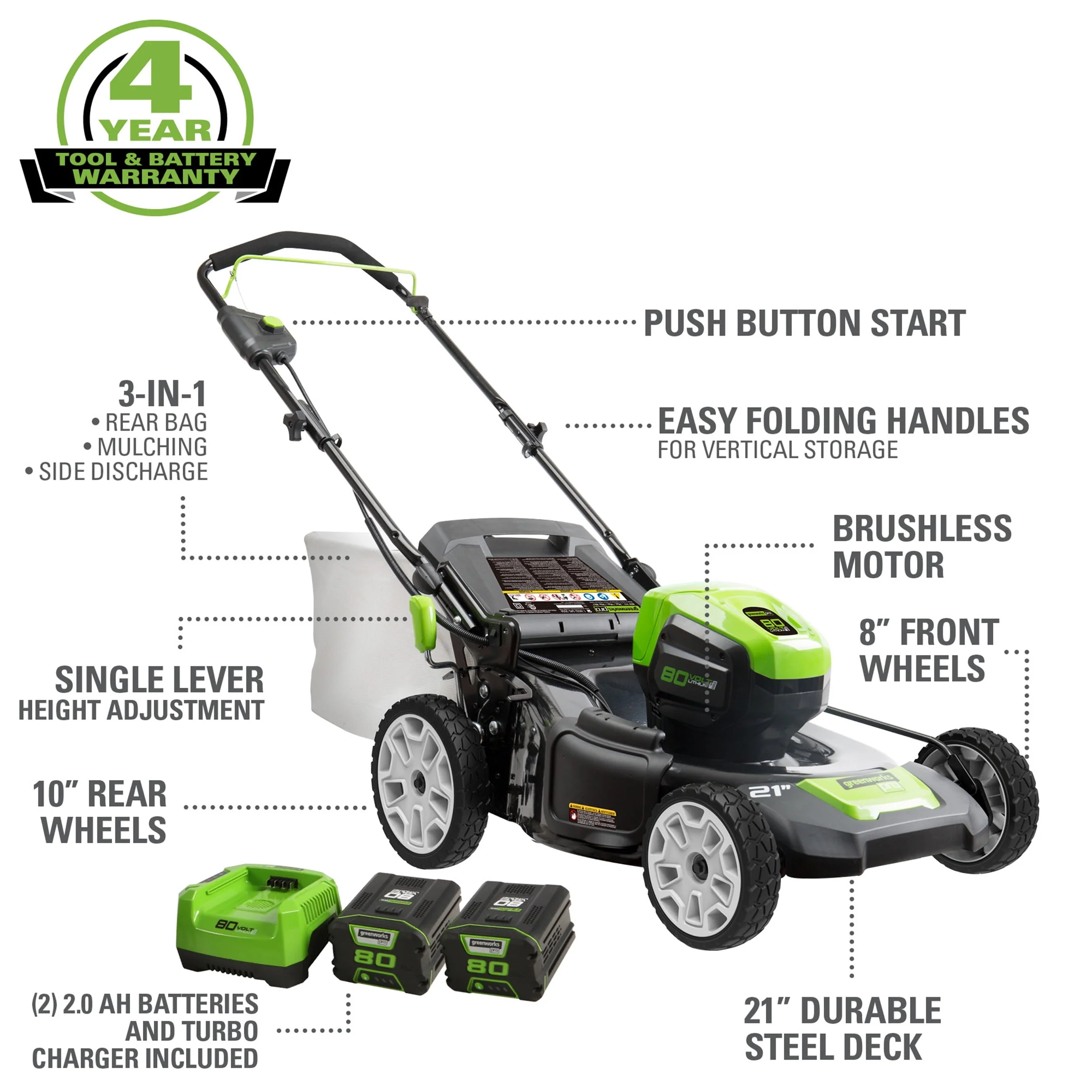 Greenworks 21 80 Volt Battery Powered Push Walk-Behind Mower