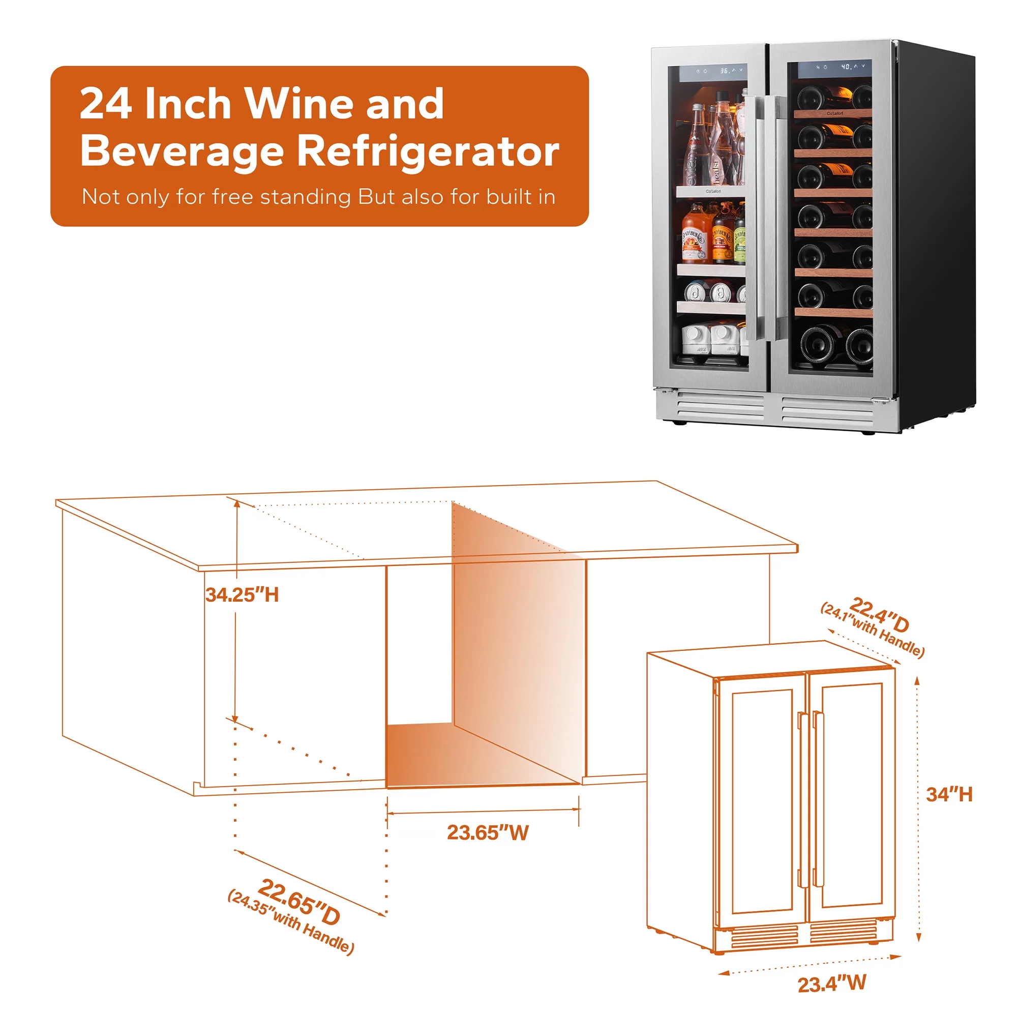 Ca'Lefort 24 inch Wine Cooler Beverage Refrigerator, Hold 60 Cans and 20 Bottles Dual Zone Wine Fridge with Stainless Steel French Door