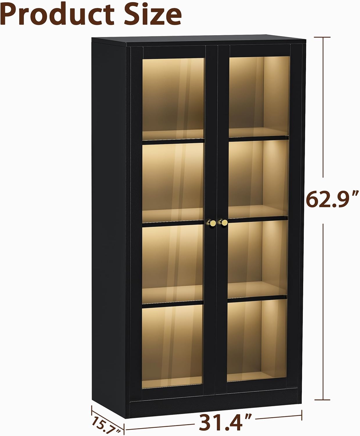 63'' Display Cabinet, Glass Display Cabinet with LED Light, 3 Adjustable Shelves, Curio Cabinet with Glass Doors for Home, Office, Collectibles