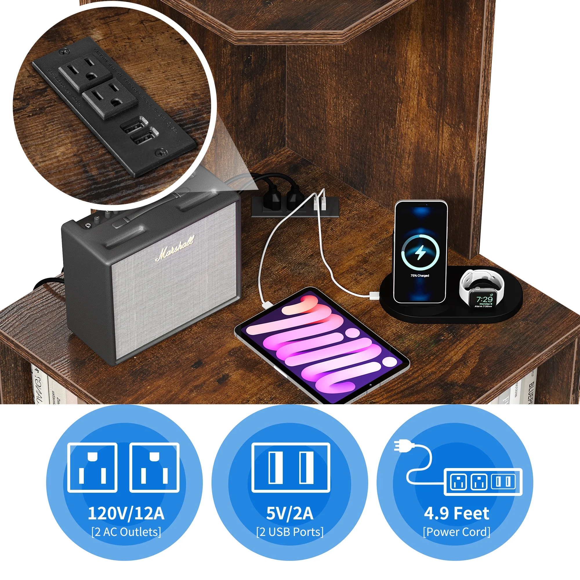Dextrus 5-Tier Corner Shelf with USB Ports and Outlets, Corner Bookshelf Bookcase Display Shelves Rack Storage Corner Bar Cabinet for Living Room