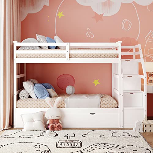 Harper & Bright Designs Twin Over Twin Bunk Bed with Trundle, Wood Bunk Bed with Storage Stairs for Kids Teens Adults (Walnut)