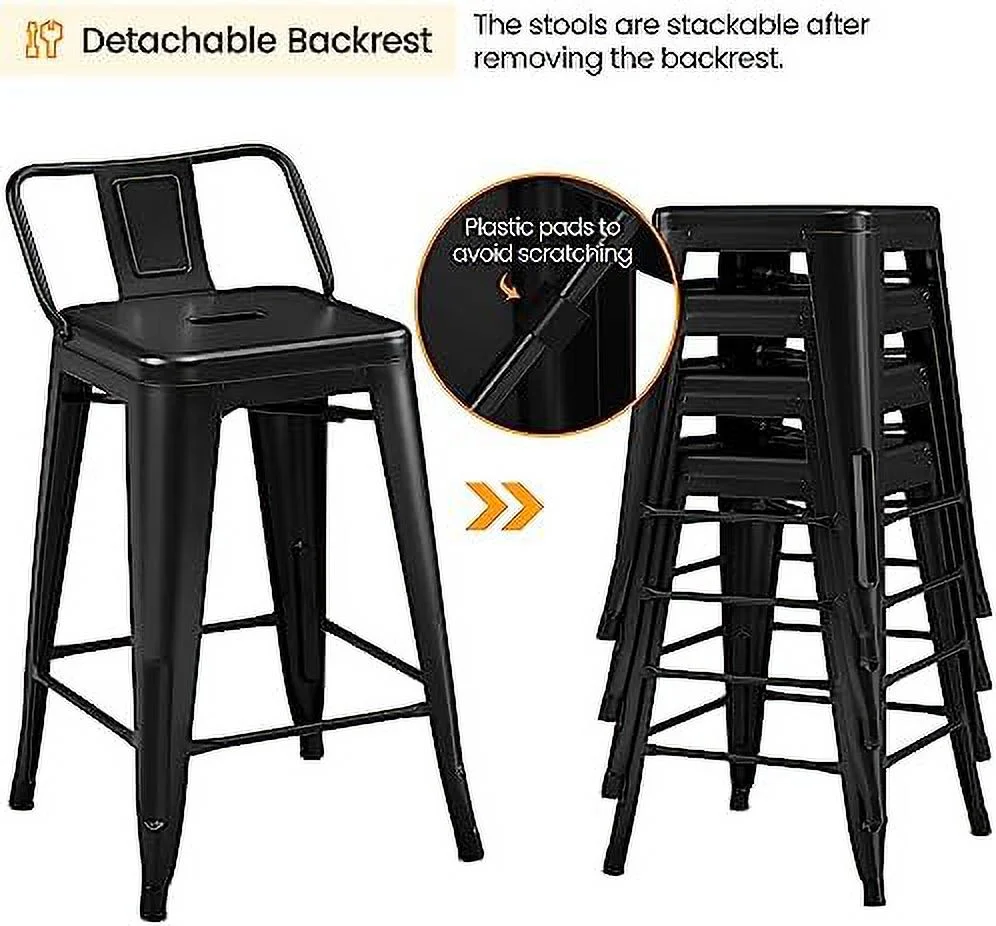 NLTBONNIE 26 inch Metal  Stools Set of 4 Counter Height Barstools with Low Back Indoor Outdoor Kitchen Stools Modern Industrial  Chairs Matte Black