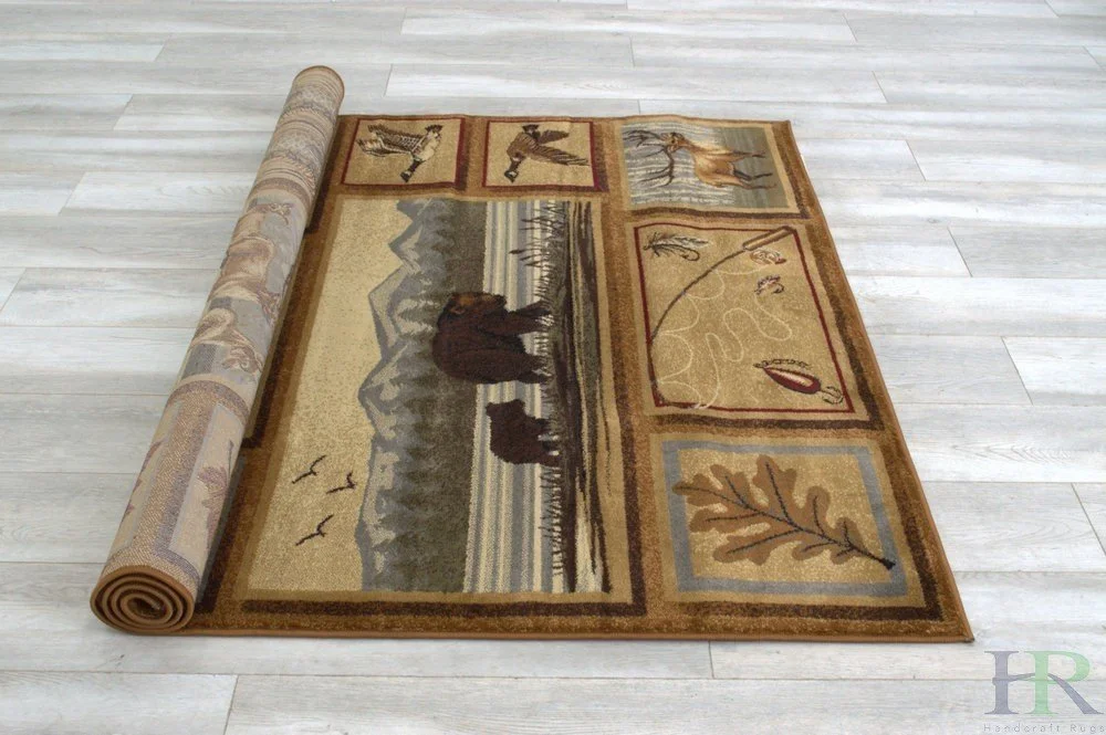 Lodge, Cabin Nature and Animals Area Rug - Modern Geometric Design Cabin Area Rug - Abstract, Multicolor Design- Deer/Fish/Bear/Cabin/Kayak