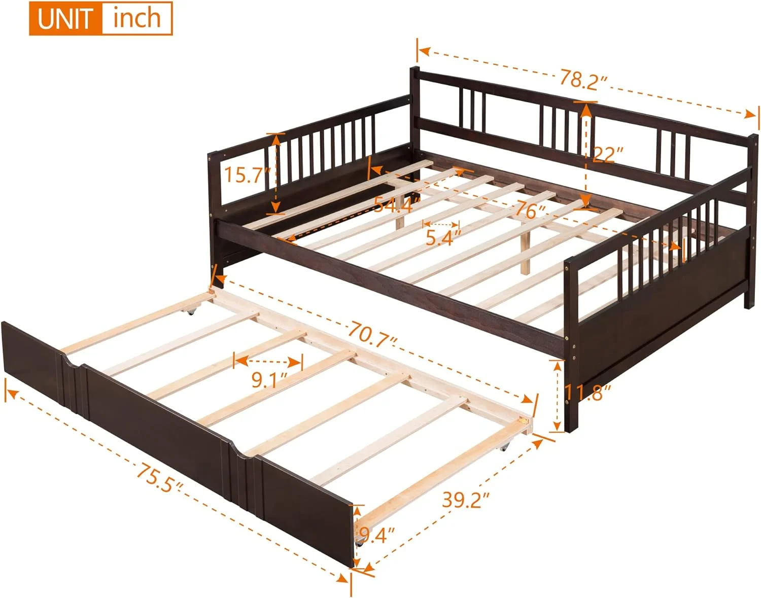 Full Size Daybed with Trundle, Modern Wood Sofa Day Bed Frame with Twin Size Trundle for Kids Boys, No Box Spring Need, Easy Assembly