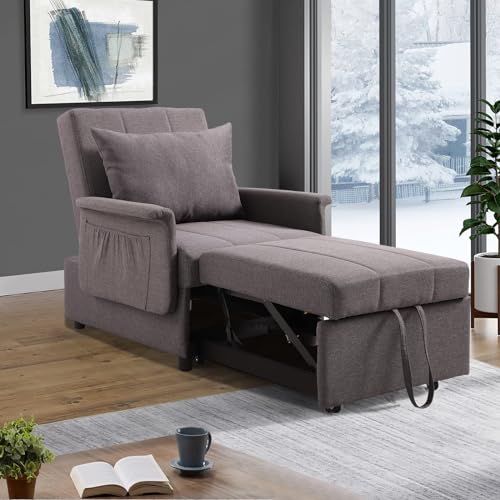 Chair Beds Sleeper 3-in-1 Use, Pull Out Sleeper Chair Bed, Convertible Chairs into Beds with Adjustable Backrest, Side Pockets and Pillow