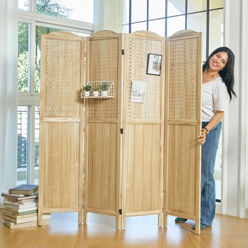 Room Divider Freestanding Folding Pegboard Privacy Screen | 4-Panel Display Stand for Jewelry, Craft Shows, Retail | Natural Wood