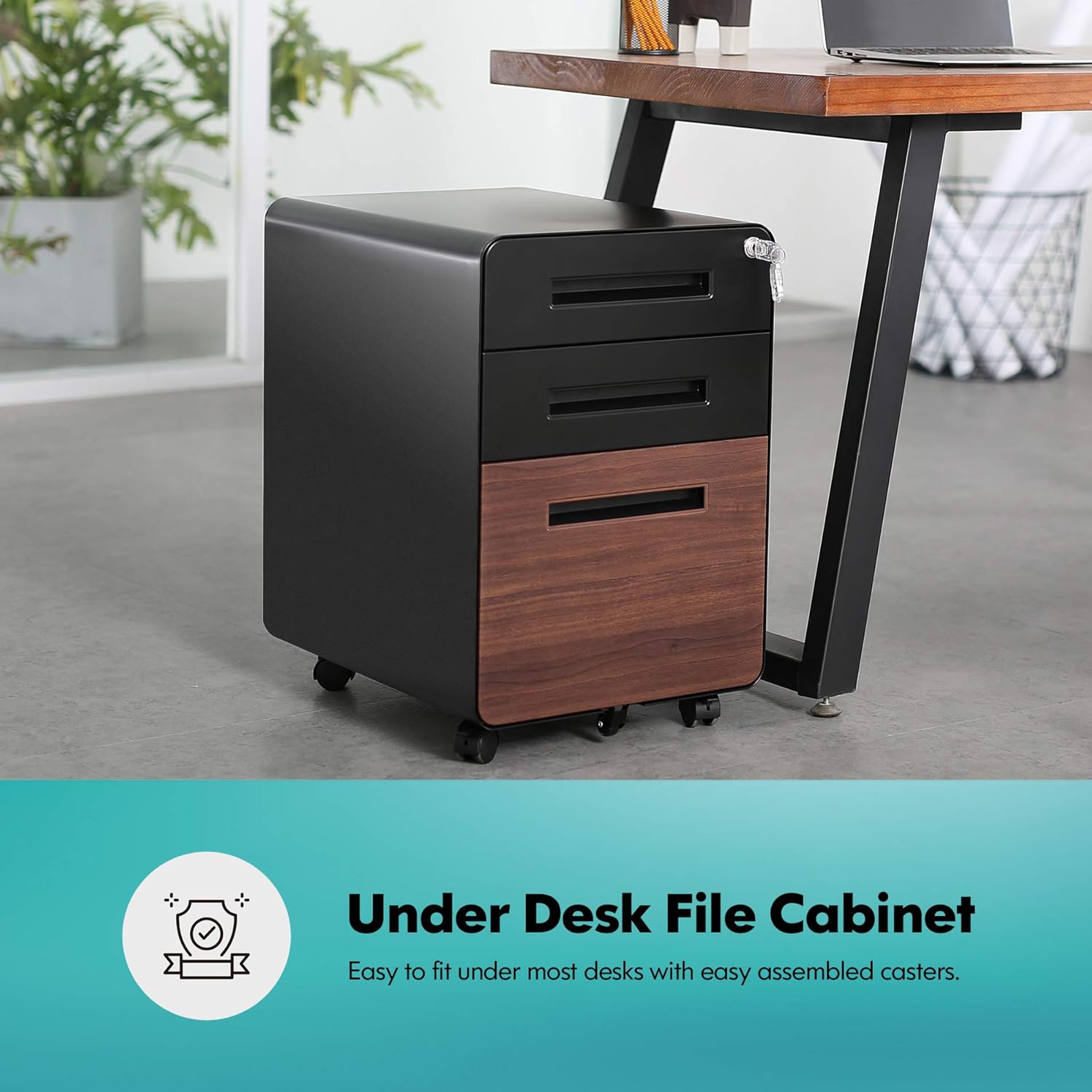 FENGE 3 Drawer Slim Vertical Locking Mobile File Cabinet with Casters Metal Filing Cabinet for Letter/Legal Size FC304001MB