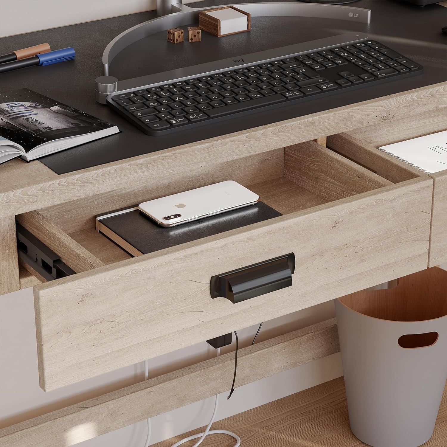 Wooden Writing Desk with Two  Drawers  Simple Writing Computer Desk with Charging Ports  47 Inch Study Desk for Small Spaces