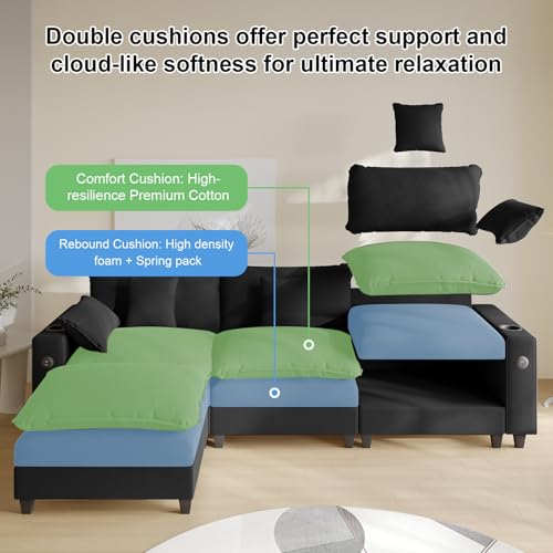 Modular Sectional Sofa, Cloud Couch with Ottoman, Charging Station, Throw Pillows, Cup Holders, Modern Convertible U Shaped Couches for Living Room