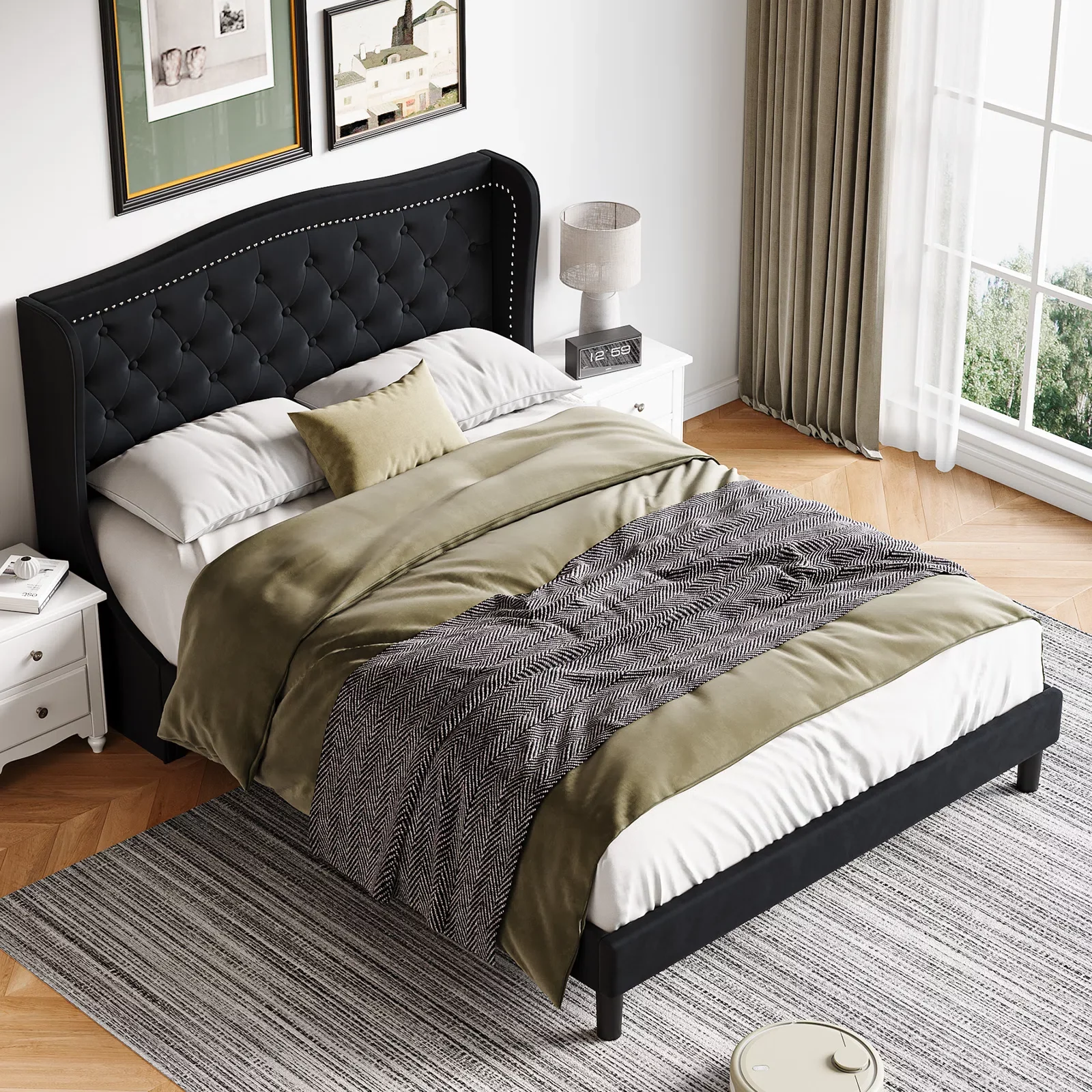 Homfa Full Bed Frame, Wing-Back Button Tufted Upholstered Headboard, Modern Platform Bed Frame with Wood Slat Support for Bedroom, Black