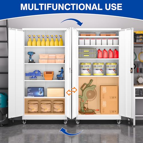 Metal Garage Storage Cabinet with Wheels,Metal Storage Cabinet with Adjustable Shelves,Steel Tool Cabinets with Locking Door for Home, School, Office