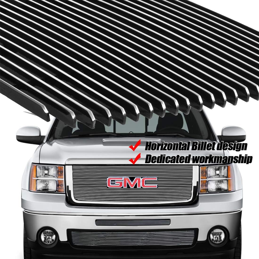 Front Chrome Grill Grille Fits 2007-2013 GMC Sierra 1500 New Body/07-10 Denali Billet Grille Grill Combo
