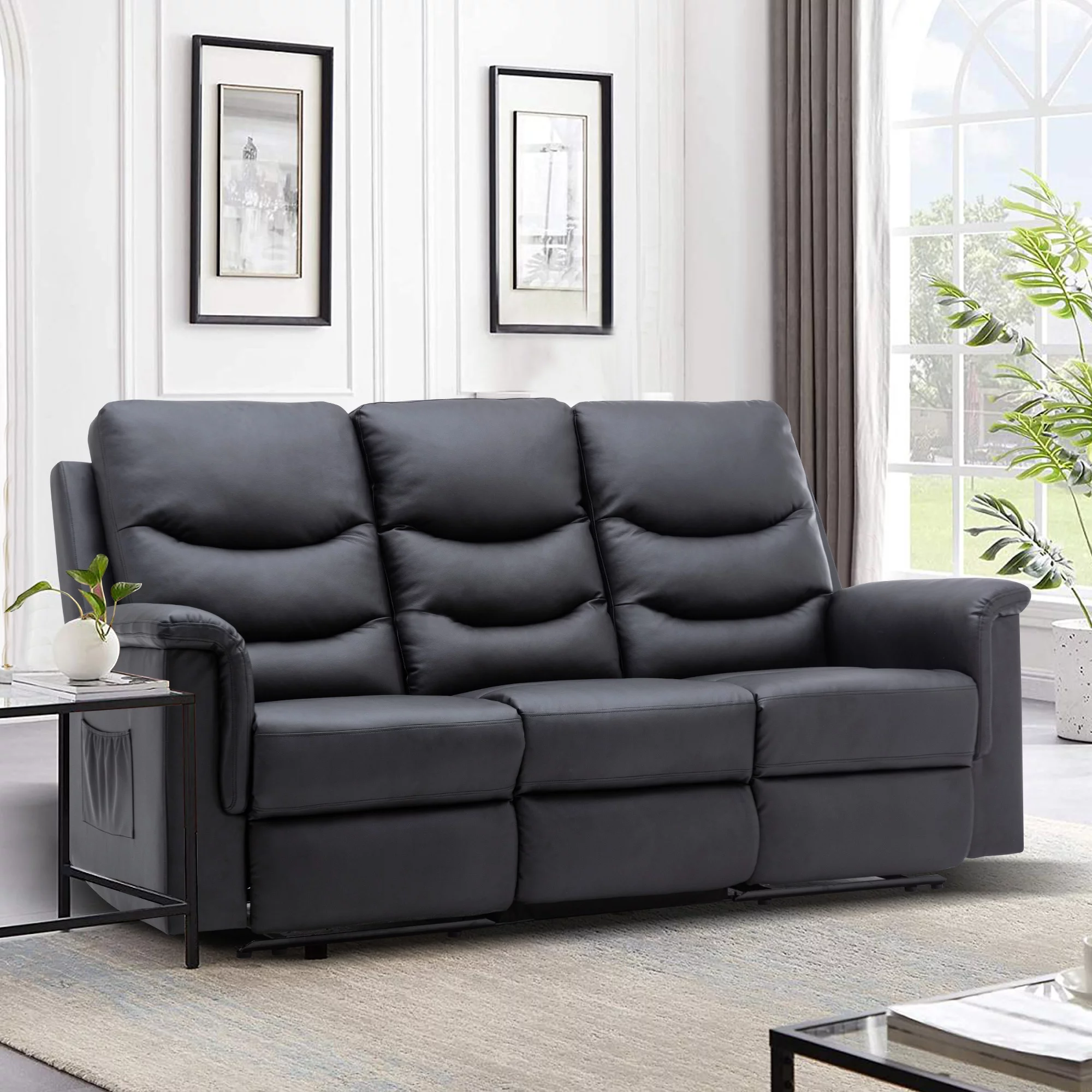 Reclining Sofa, 3 Seater Sofa Recliner with Flipped Middle Backrest, PU Leather Reclining Sofa with 2 Cup Holders and Console Slate