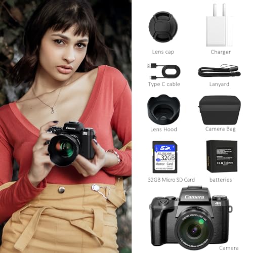 Saneen Digital Camera, 4k Cameras for Photography & Video, 64MP WiFi Touch Screen Vlogging Camera for YouTube with Flash, 32GB SD Card, Lens Hood