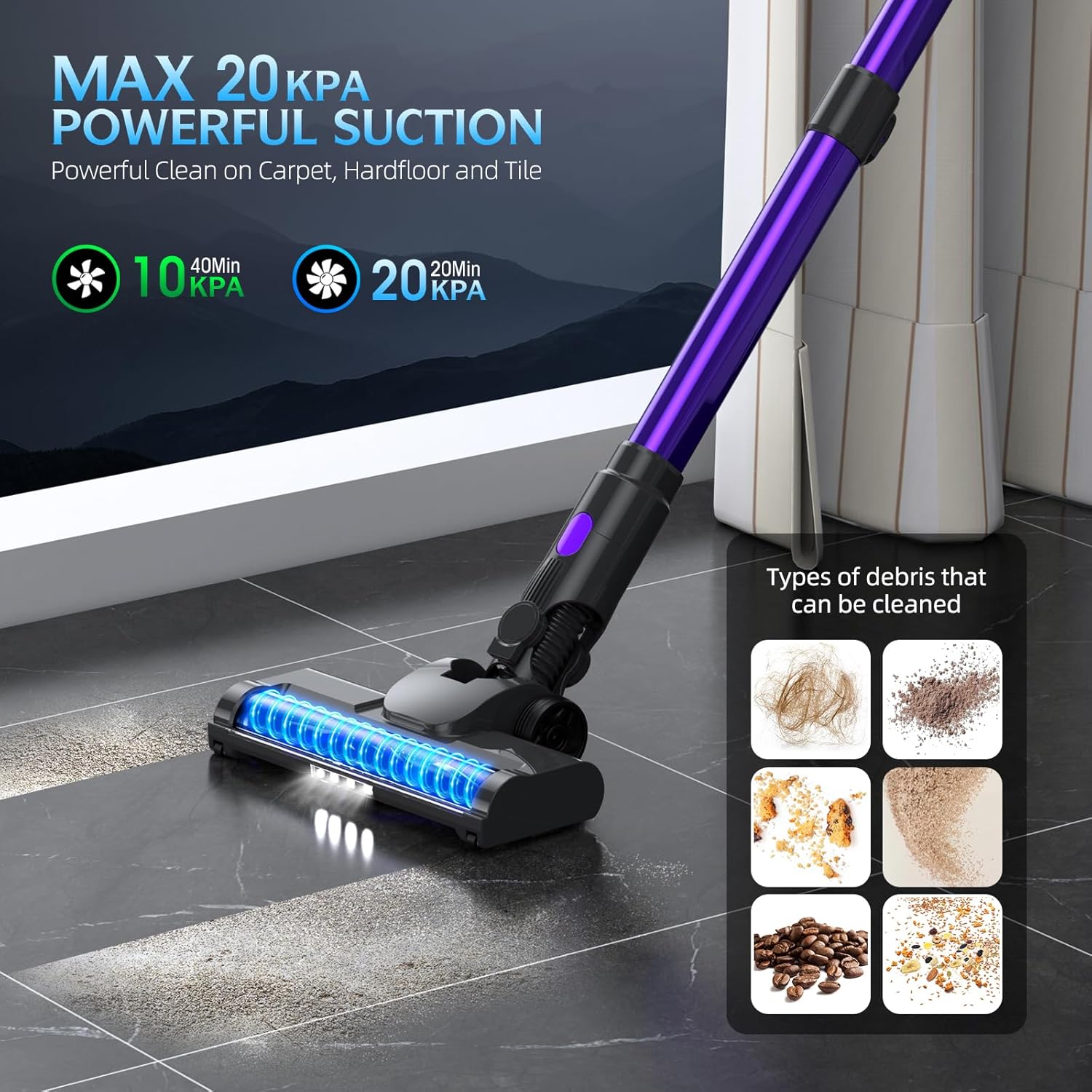 Cordless Vacuum Cleaner, 20KPA Stick Vacuum with LED Display
