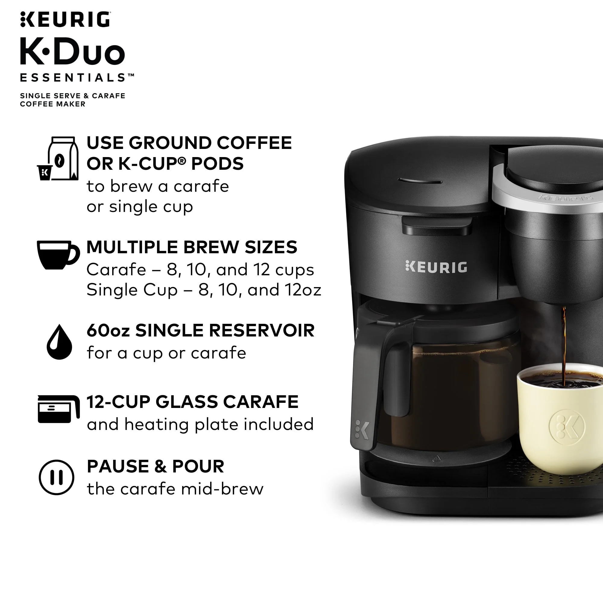 Keurig K-Duo Essentials Coffee Maker, with Single Serve K-Cup Pod and 12 Cup Carafe Brewer, Black