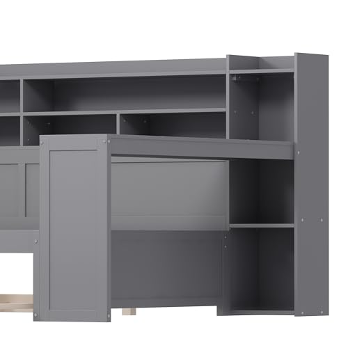 Bellemave Twin Corner Bed Frame with Storage Shelves and Desk, Wood Twin Size Daybed with Bookcase and Drawers and Storage, Gray