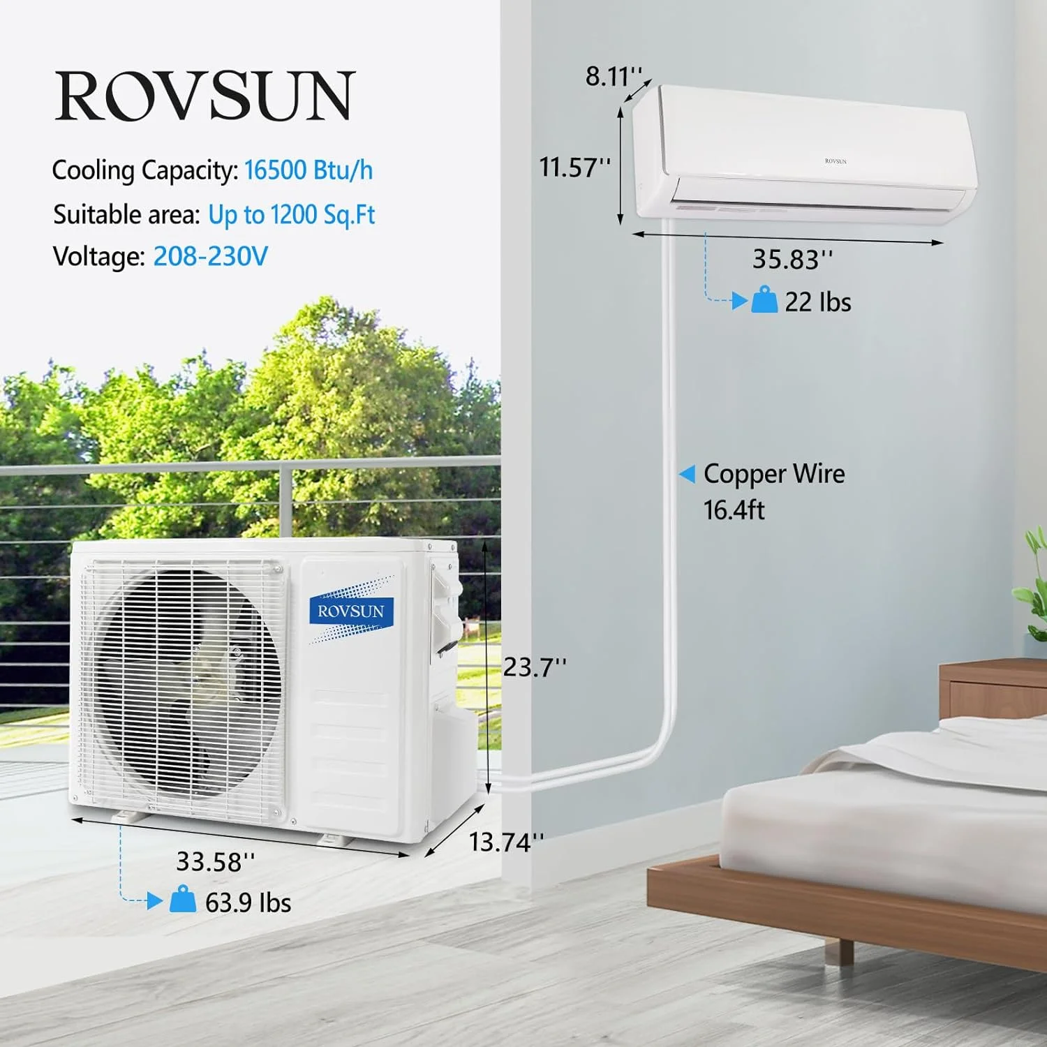 ROVSUN 16500BTU Wifi Enabled Mini Split Air Conditioner & Heater, 17 SEER2 230V Inverter Ductless Wall AC Unit with Pre-Charged Condenser