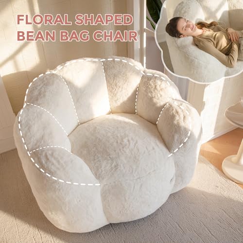 MAXYOYO Bean Bag Chair for Adults, Floral Shaped Bean Bag Sofa, Ultra Soft Faux Fur Floor Sofa, Large Reading Chair for Living Room Bedroom, Beige