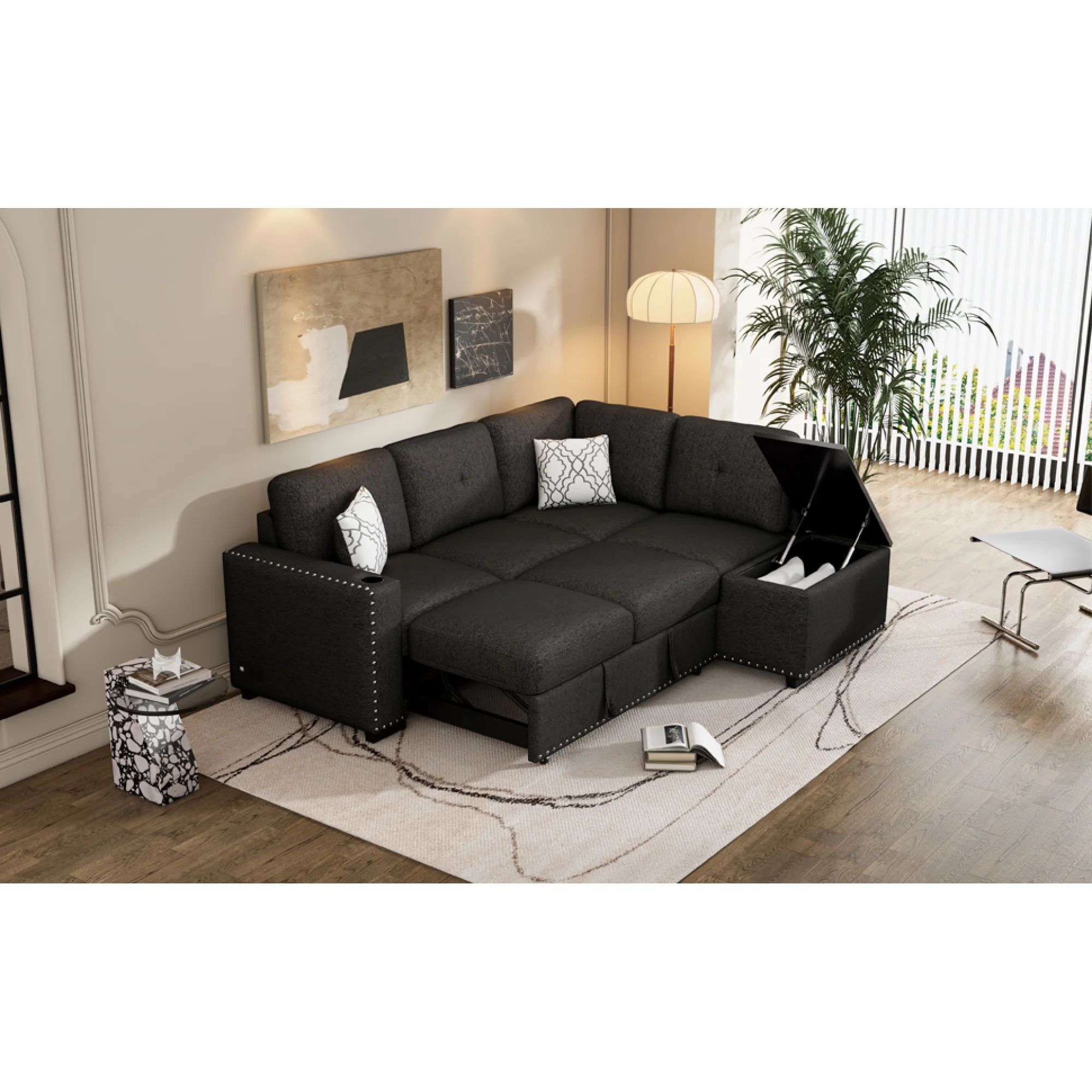 Reversible Sectional Pull-Out Sofa Bed L-Shaped Corner with Storage Chaise, Black